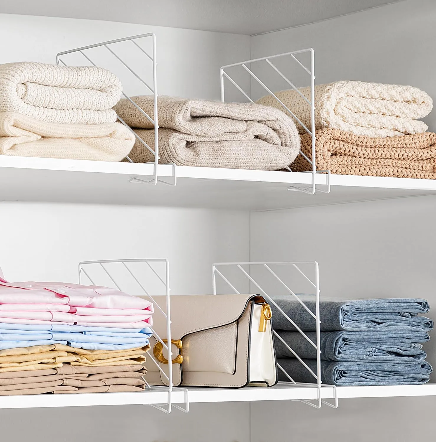 10 Pcs Stainless Steel Shelf Dividers for Closet Organization Clear Closet Shelf Dividers with Wooden Shelves for Sweaters, Shirts and Handbags in Bedroom and Kitchen