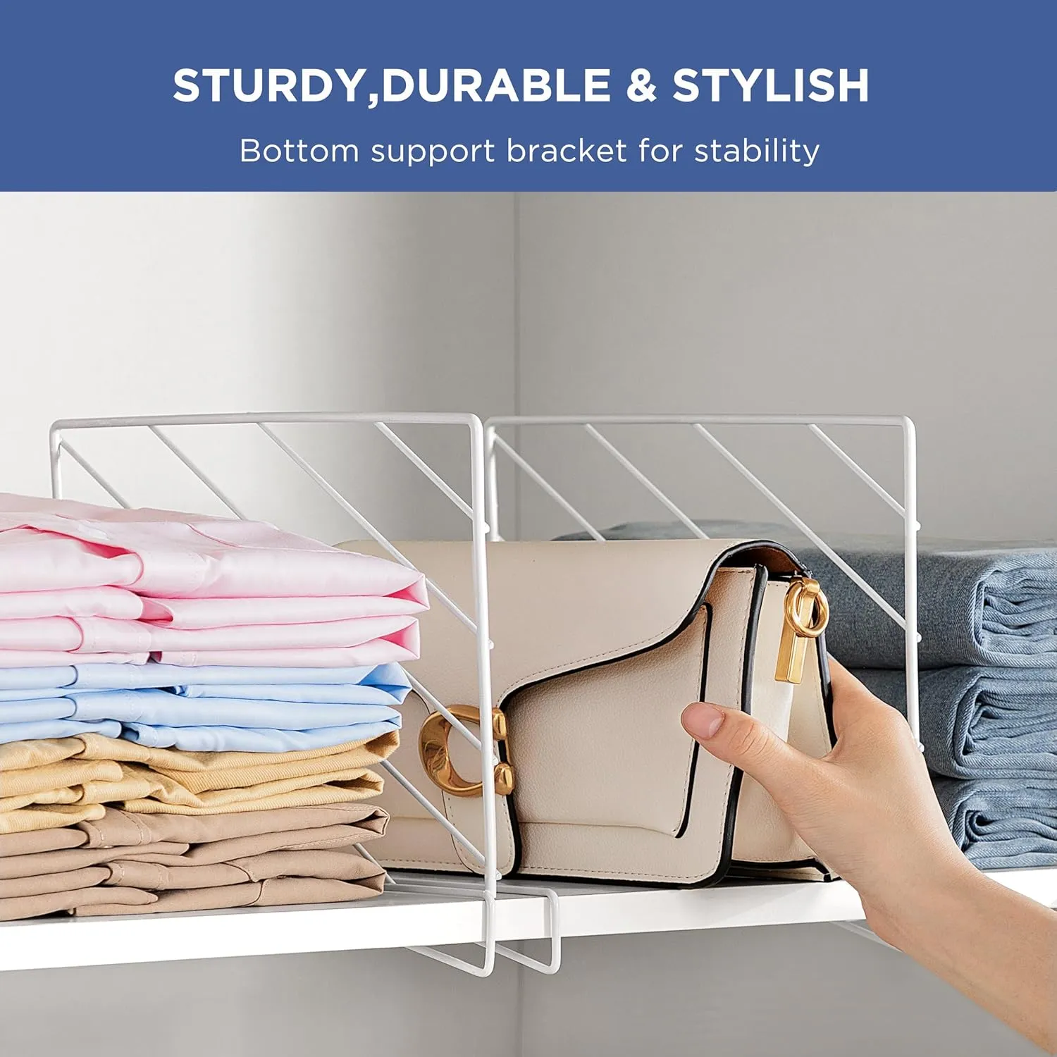 10 Pcs Stainless Steel Shelf Dividers for Closet Organization Clear Closet Shelf Dividers with Wooden Shelves for Sweaters, Shirts and Handbags in Bedroom and Kitchen