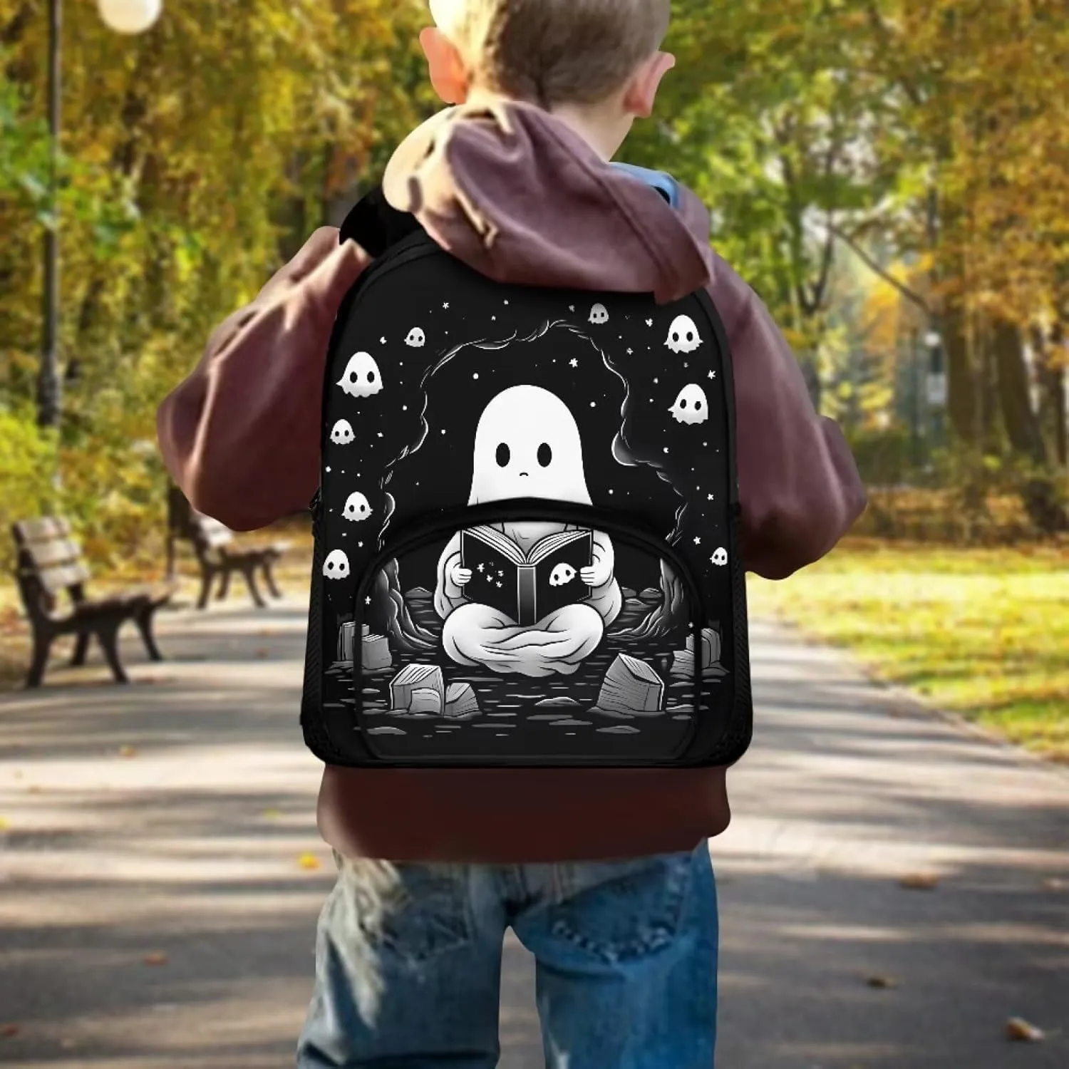 12 Inch School Backpacks for Girls Boys Black Cute Ghost Bookbag with Shoulder Straps Trendy School Bag for Travel Library Reusable Kindergarten Elementary School Backpack Nice Gifts