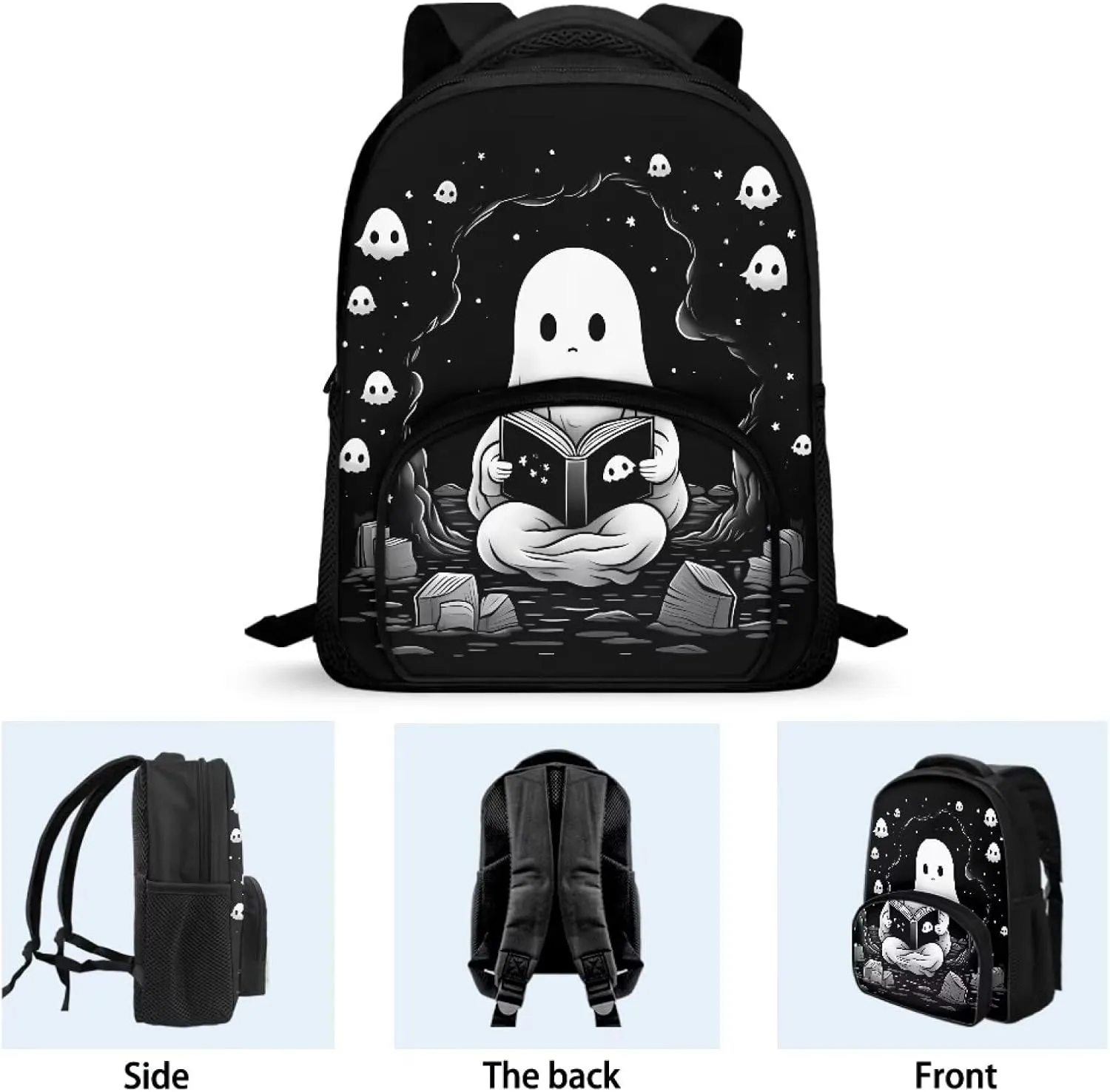 12 Inch School Backpacks for Girls Boys Black Cute Ghost Bookbag with Shoulder Straps Trendy School Bag for Travel Library Reusable Kindergarten Elementary School Backpack Nice Gifts