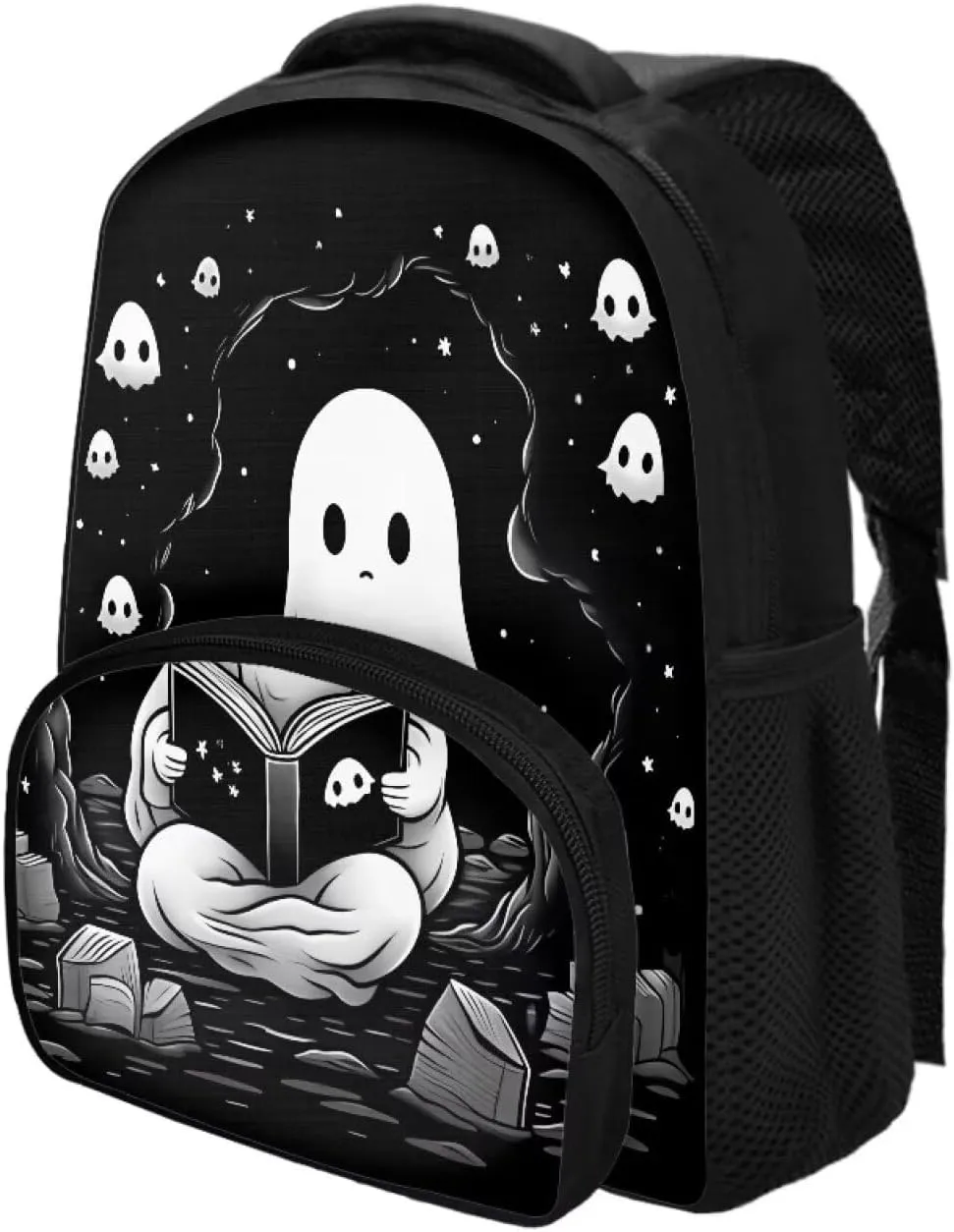 12 Inch School Backpacks for Girls Boys Black Cute Ghost Bookbag with Shoulder Straps Trendy School Bag for Travel Library Reusable Kindergarten Elementary School Backpack Nice Gifts
