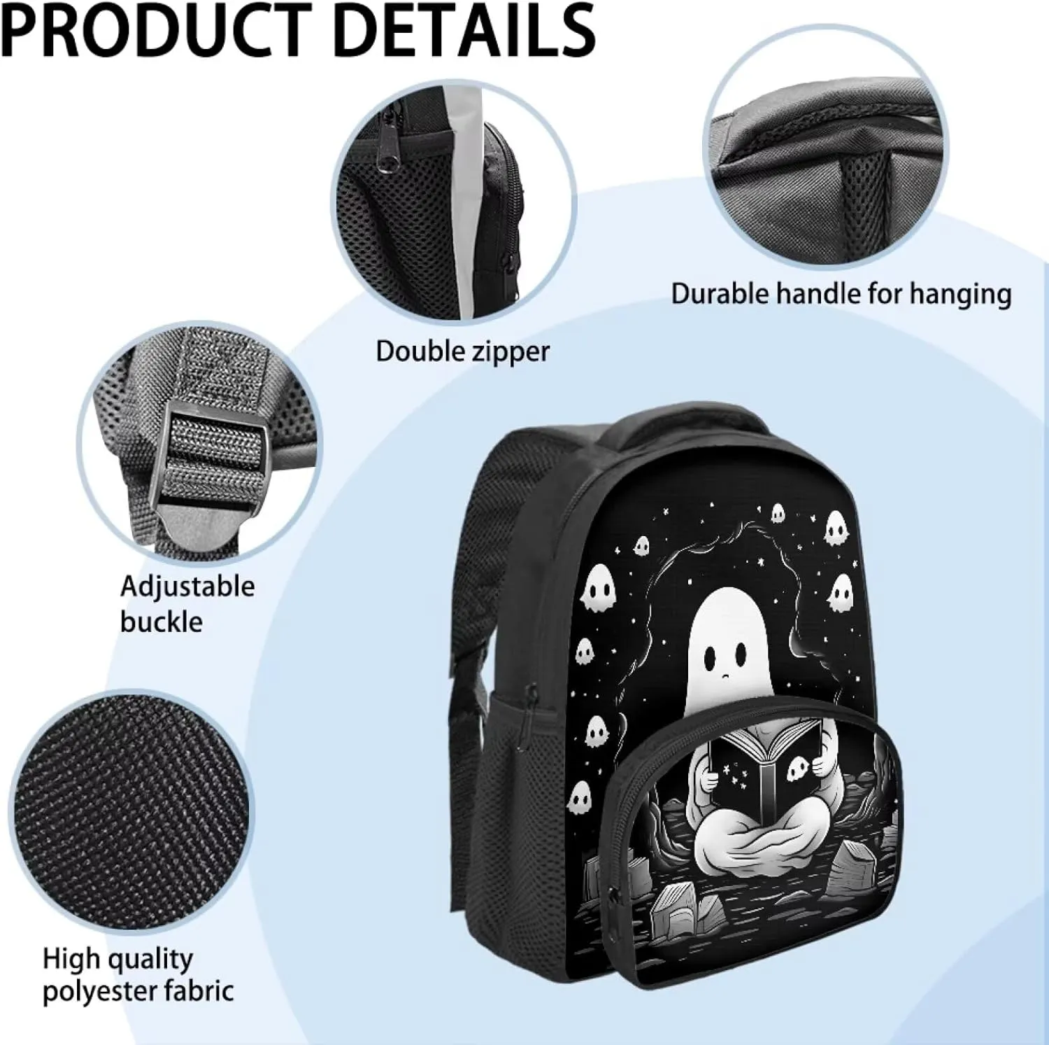 12 Inch School Backpacks for Girls Boys Black Cute Ghost Bookbag with Shoulder Straps Trendy School Bag for Travel Library Reusable Kindergarten Elementary School Backpack Nice Gifts