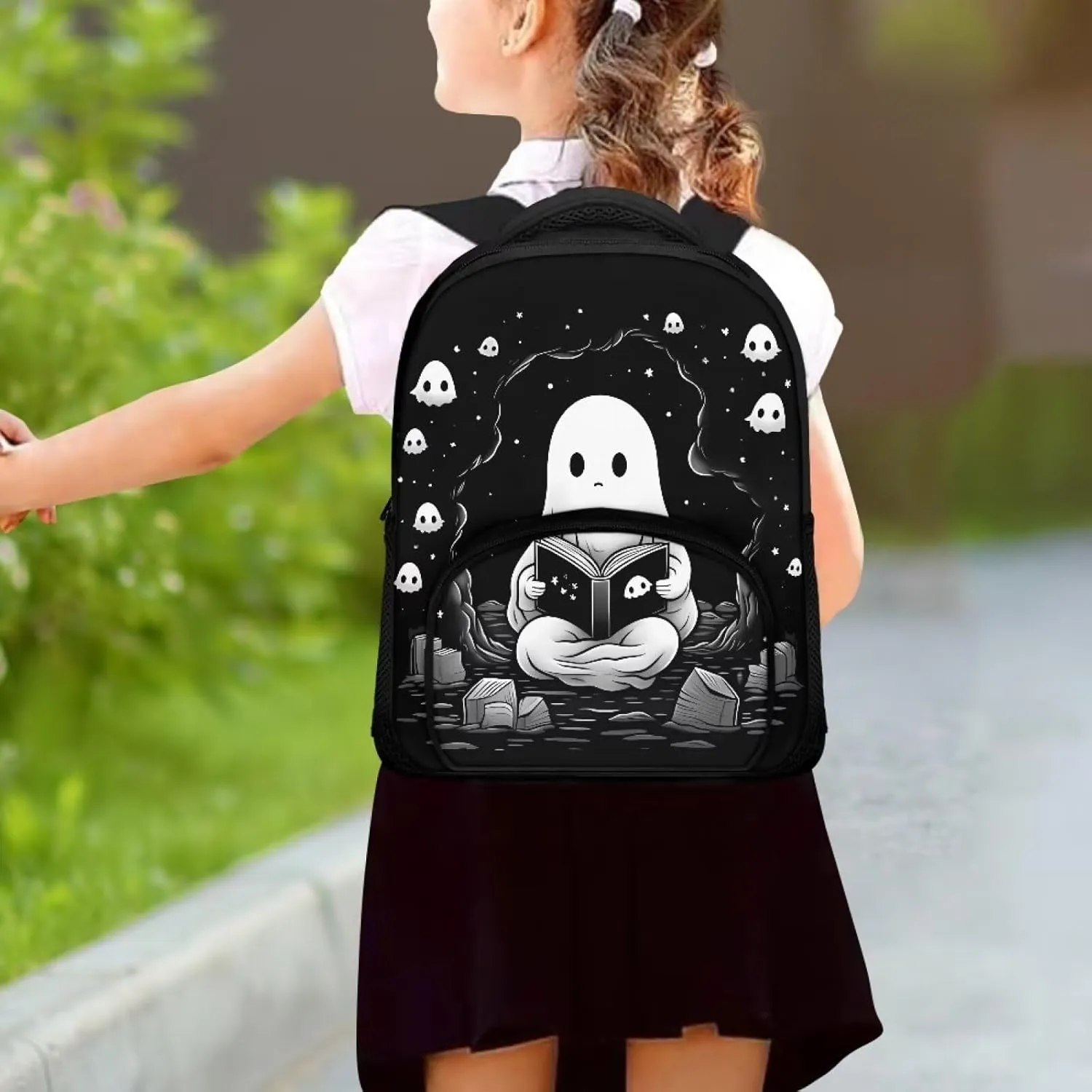 12 Inch School Backpacks for Girls Boys Black Cute Ghost Bookbag with Shoulder Straps Trendy School Bag for Travel Library Reusable Kindergarten Elementary School Backpack Nice Gifts