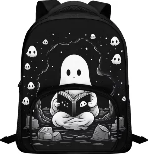 12 Inch School Backpacks for Girls Boys Black Cute Ghost Bookbag with Shoulder Straps Trendy School Bag for Travel Library Reusable Kindergarten Elementary School Backpack Nice Gifts