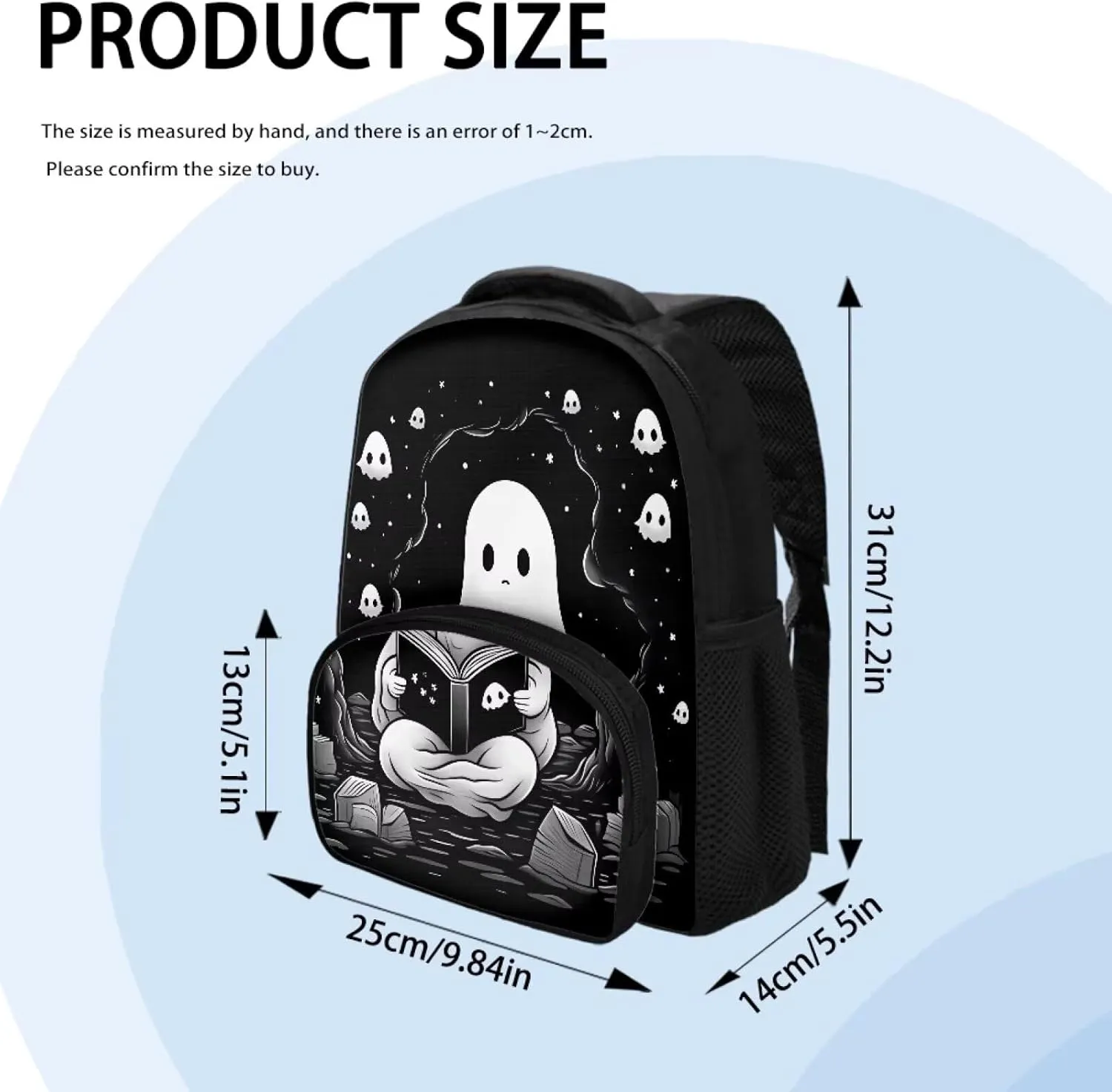 12 Inch School Backpacks for Girls Boys Black Cute Ghost Bookbag with Shoulder Straps Trendy School Bag for Travel Library Reusable Kindergarten Elementary School Backpack Nice Gifts