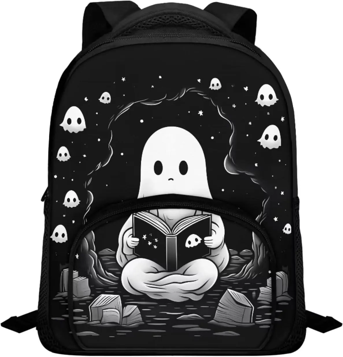 12 Inch School Backpacks for Girls Boys Black Cute Ghost Bookbag with Shoulder Straps Trendy School Bag for Travel Library Reusable Kindergarten Elementary School Backpack Nice Gifts