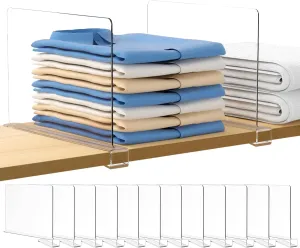 12 Pcs Acrylic Shelf Dividers for Closet Organization, Clear Closet Shelf Divider for Wooden Shelving, Suitable for Sweater, Shirts, Handbags in Bedroom and Kitchen
