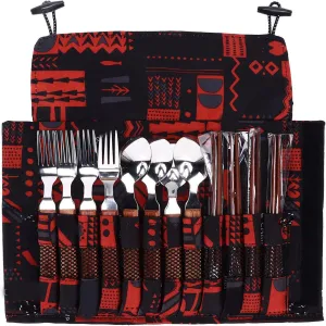 12 Piece Stainless Steel Tableware Set with Wooden Handles, Complete 4 Person Cutlery for Outdoor Barbecue and Camping, Includes Forks, Spoons, Chopsticks and Carrying Bag