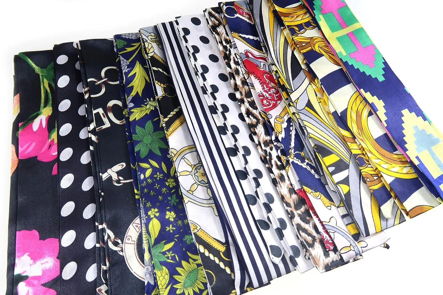 12 Set Mixed Designs Satin Head Hair Handbag Handle Highlights Scarf Tie Bundle