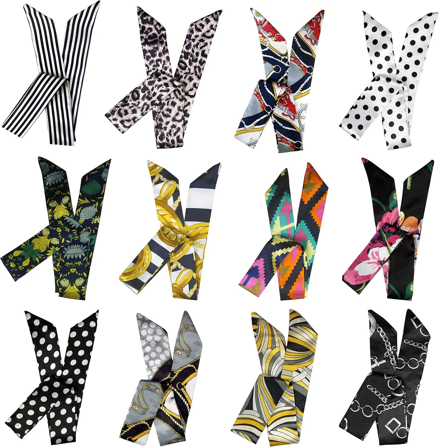 12 Set Mixed Designs Satin Head Hair Handbag Handle Highlights Scarf Tie Bundle