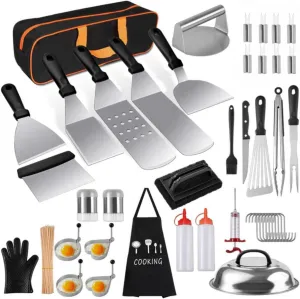 144-Piece Griddle Accessories Kit: Metal Spatulas, Burger Press, Scraper, Tongs & Carry Bag for Blackstone, Camp Chef, Outdoor BBQ & Teppanyaki Cooking – Perfect BBQ Gift