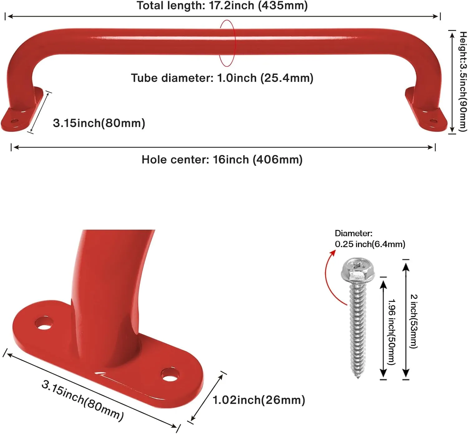 17 Inch 6 Pieces Red Metal Safety Handles for Outdoor Playground Accessories - Playset Handles, Swing Sets Attachment Grab Bars, Kids Hand Grips Monkey Bar for Playhouse, Treehouse, Jungle Gym