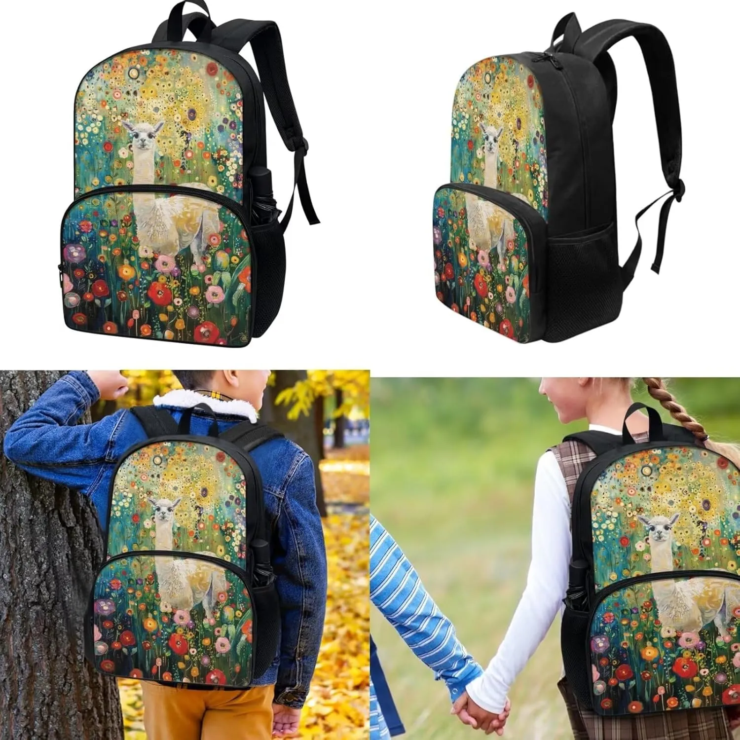 17-inch Backpack for Child, Alpaca Flowers School Bag for Kids, 17-inch Hiking Bookbag for Daughter with Lunch Bag Pencil Box 3 Pieces