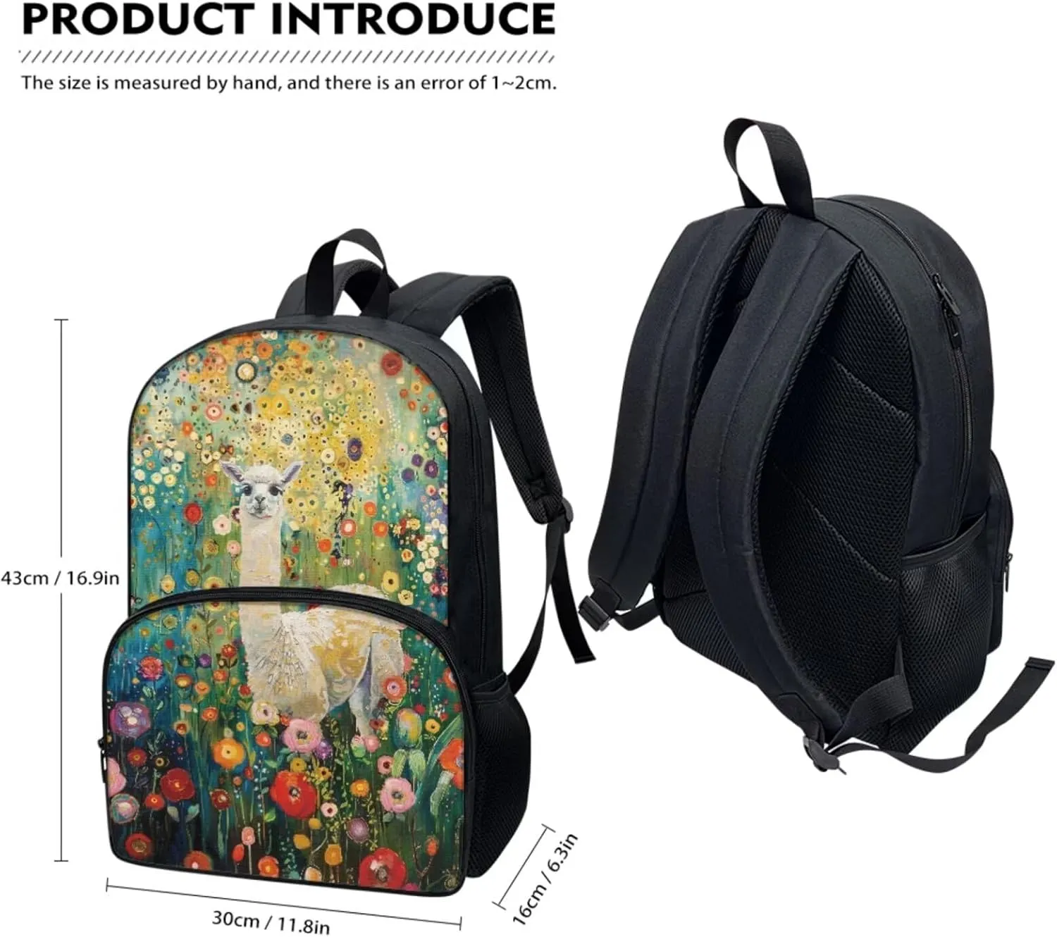 17-inch Backpack for Child, Alpaca Flowers School Bag for Kids, 17-inch Hiking Bookbag for Daughter with Lunch Bag Pencil Box 3 Pieces