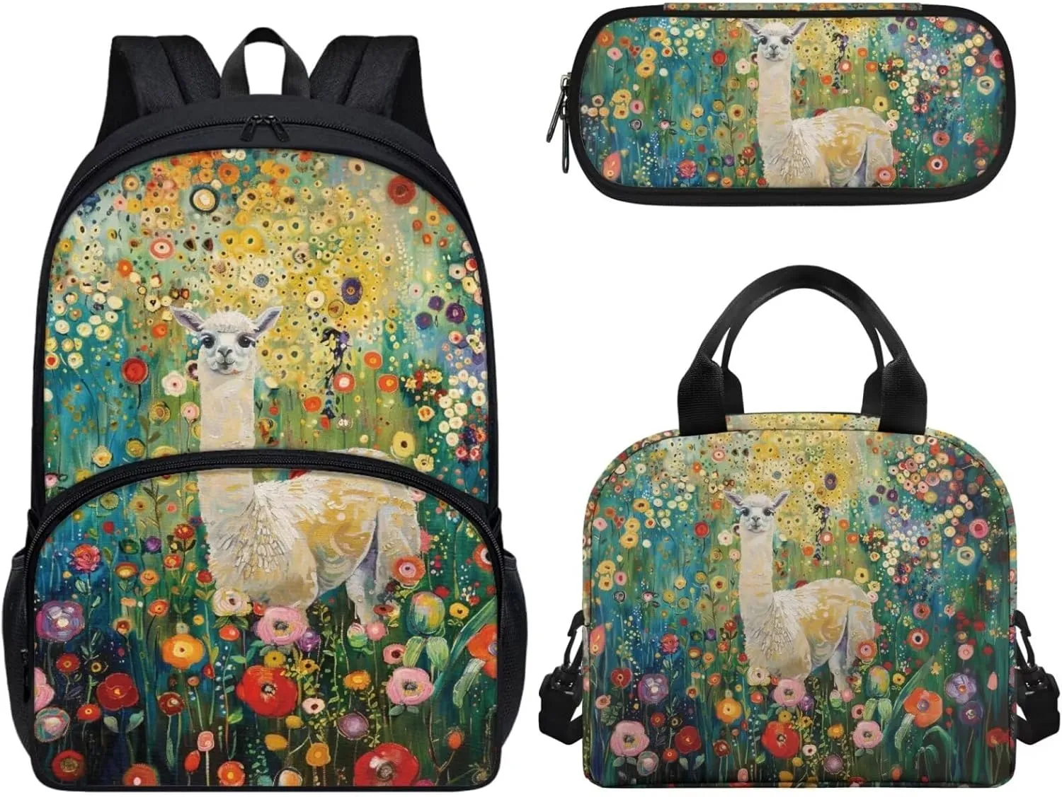 17-inch Backpack for Child, Alpaca Flowers School Bag for Kids, 17-inch Hiking Bookbag for Daughter with Lunch Bag Pencil Box 3 Pieces