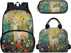 17-inch Backpack for Child, Alpaca Flowers School Bag for Kids, 17-inch Hiking Bookbag for Daughter with Lunch Bag Pencil Box 3 Pieces