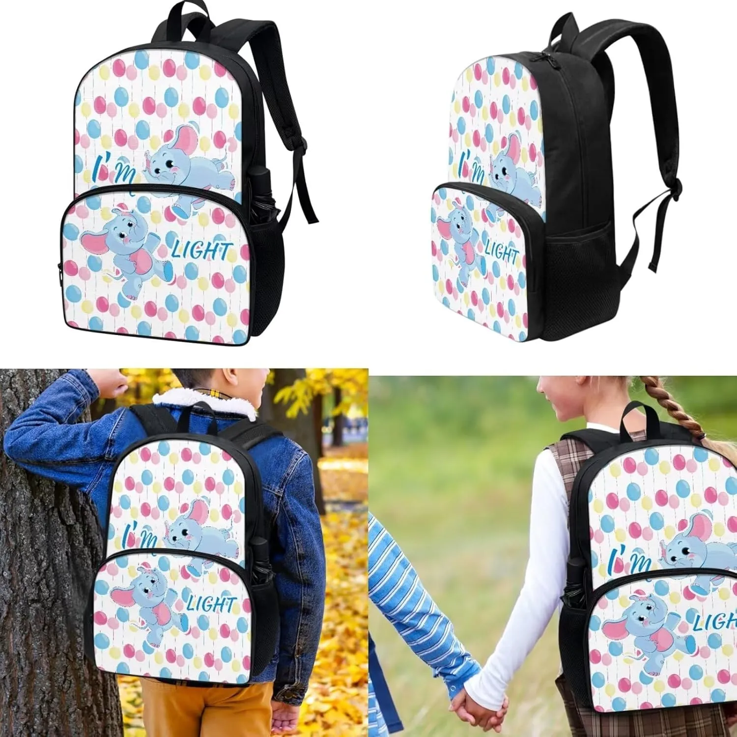 17-inch Balloon Elephant Backpacks for Kids Girls Boys, Shoulder Bag Daypack Travel Lunch Box Pencil Case 3 In 1 Lightweight & Comfortable