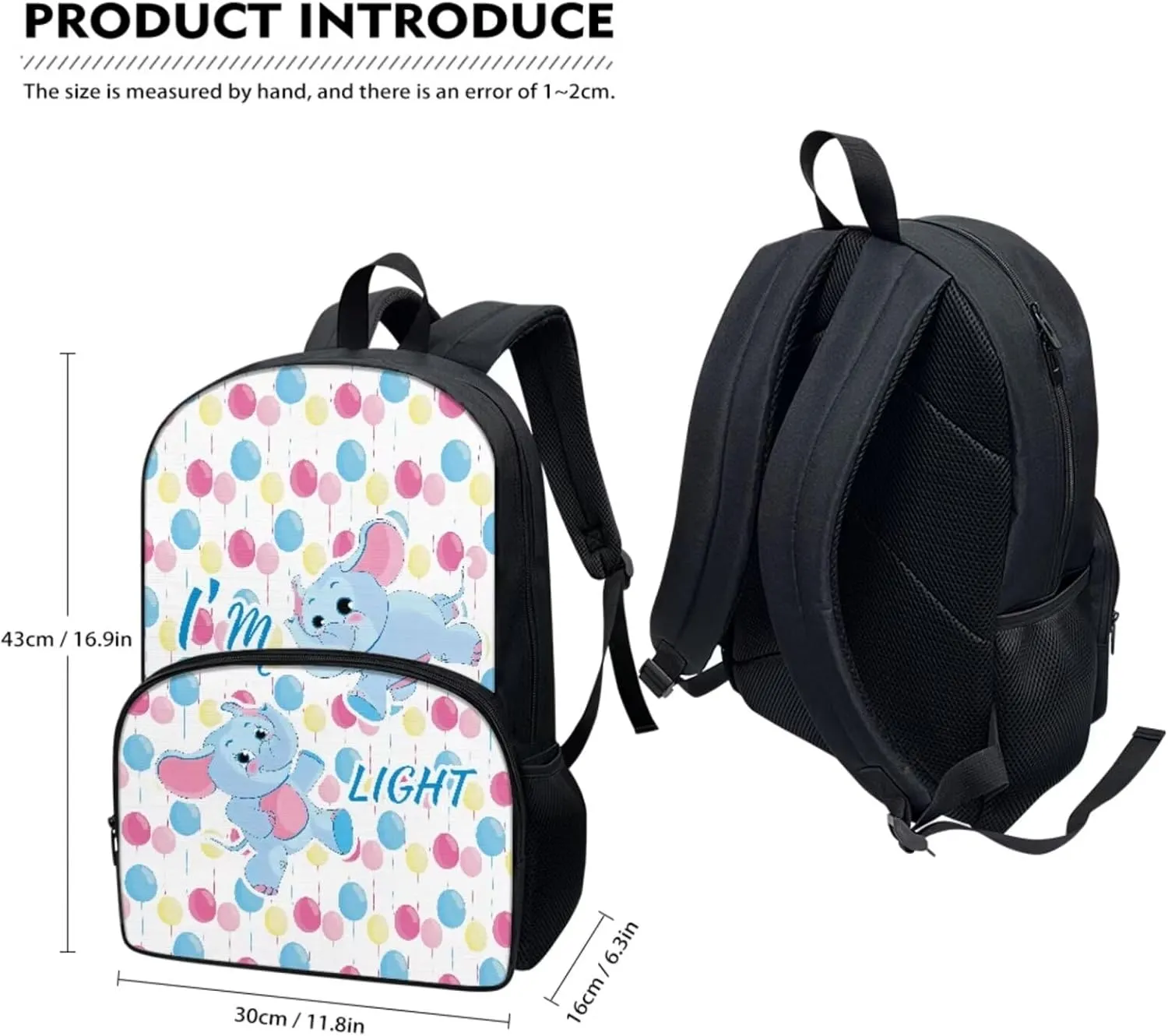 17-inch Balloon Elephant Backpacks for Kids Girls Boys, Shoulder Bag Daypack Travel Lunch Box Pencil Case 3 In 1 Lightweight & Comfortable
