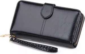 1Pc Women Black PU Leather Zipper Wallet Long Handbag with Buckle Closure for Credit Cards Coins Cash and and Outdoor Use