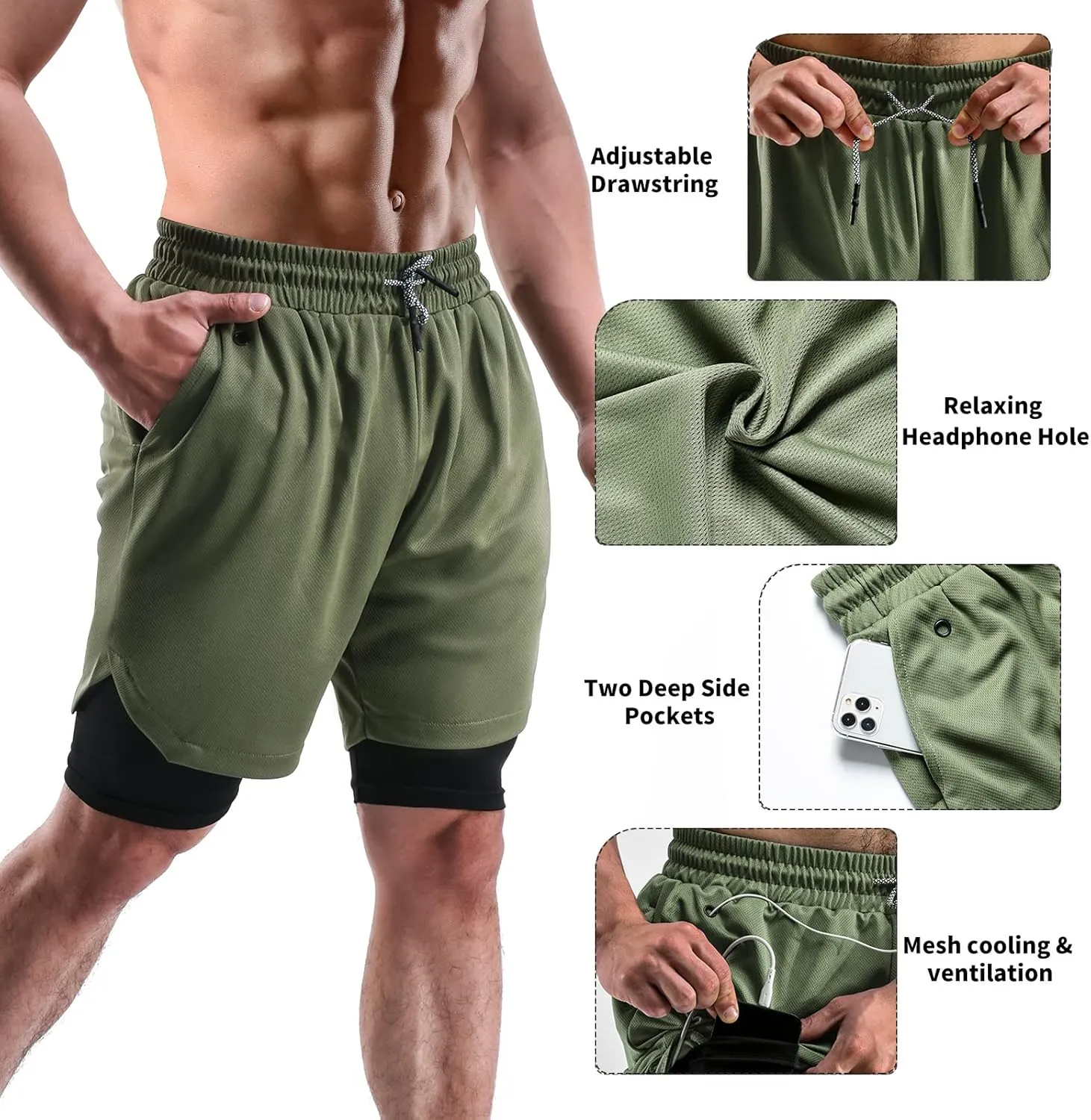 2 in 1 Mens Shorts Casual 2 Pack, Running Gym Shorts for Men 7 Inch, Workout Shorts Men with Pockets &Towel Loop