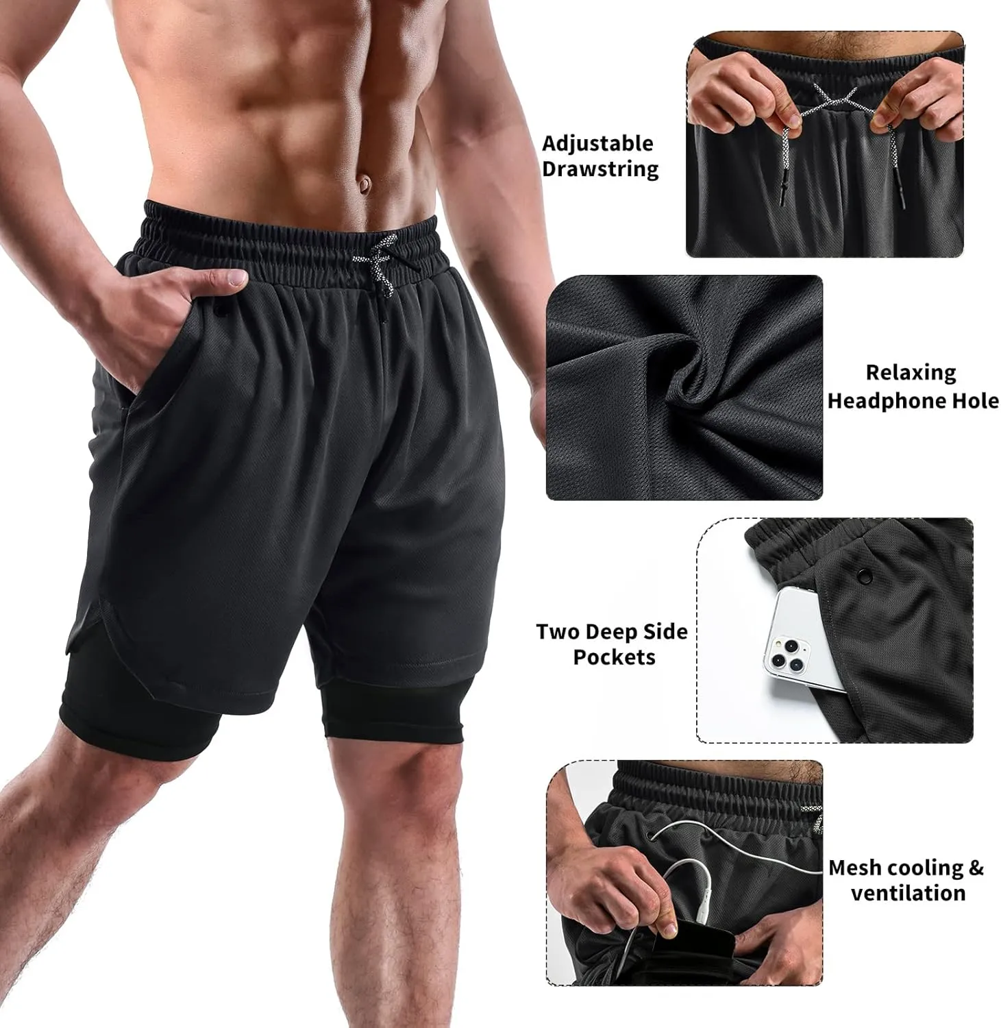 2 in 1 Mens Shorts Casual 2 Pack, Running Gym Shorts for Men 7 Inch, Workout Shorts Men with Pockets &Towel Loop
