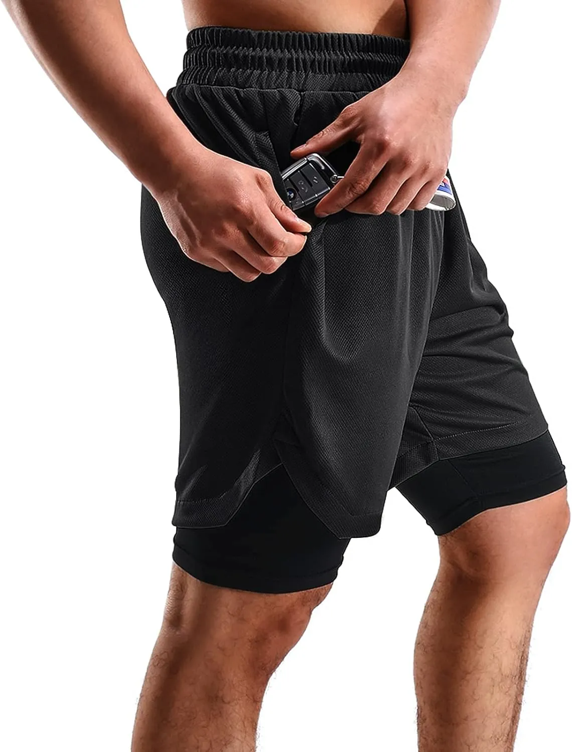 2 in 1 Mens Shorts Casual 2 Pack, Running Gym Shorts for Men 7 Inch, Workout Shorts Men with Pockets &Towel Loop