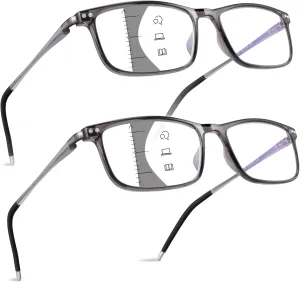 2 Pack Ultralight Progressive Multifocus Reading Glasses Men, Aluminum Arm TR90 Frame Blue Light Blocking Multifocal Computer Readers Spring Hinge No Line (Mid-Near Range approx 3ft) 2.0, Gray