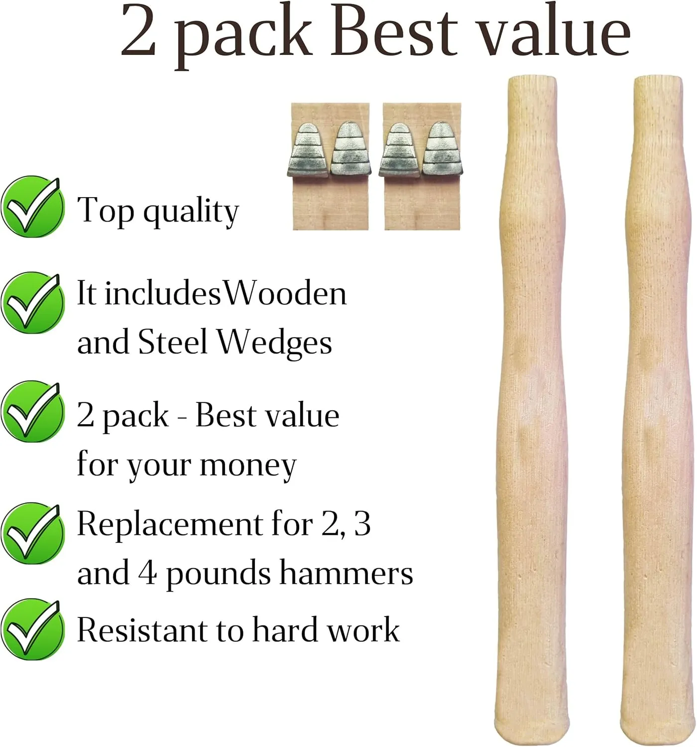 2 pack Wood Sledge hammer handle replacement for 2, 3 and 4 lb Complete Set with Wooden and Steel Wedges - Wood replacement ball pien hammer handle - Wood tool handle - Wooden handle hammers in bulk