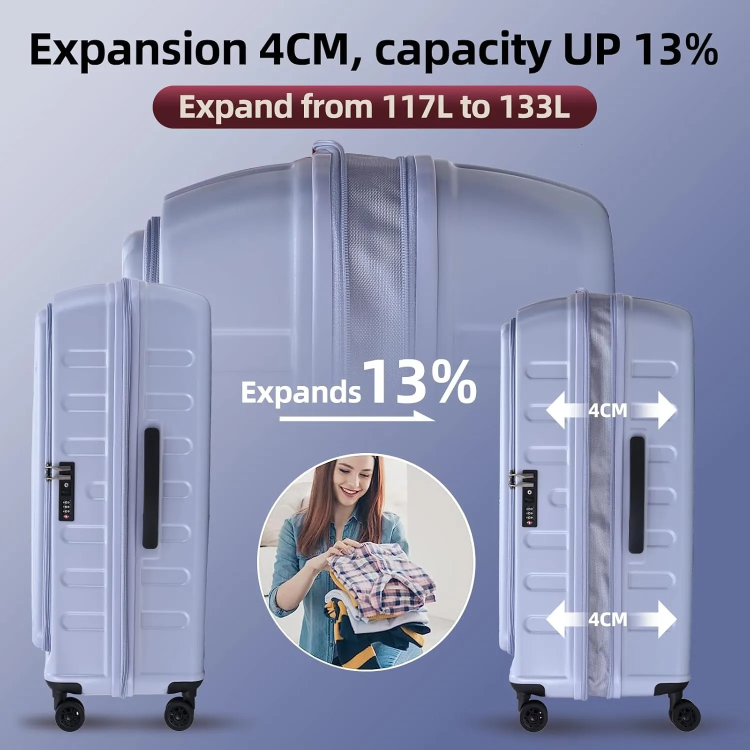 2 Pieces 19/29 Luggage Sets, 19 Inch Carry On Luggage with Front Pocket & 29 Inch Side Opening Suitcase, Ligthweight ABS PC Hardshell, Lilac Purple