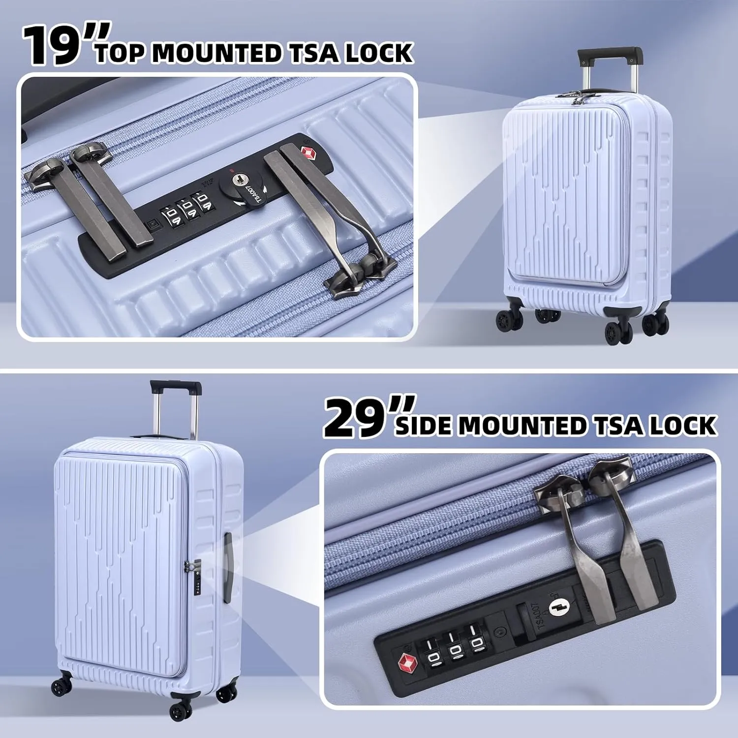 2 Pieces 19/29 Luggage Sets, 19 Inch Carry On Luggage with Front Pocket & 29 Inch Side Opening Suitcase, Ligthweight ABS PC Hardshell, Lilac Purple