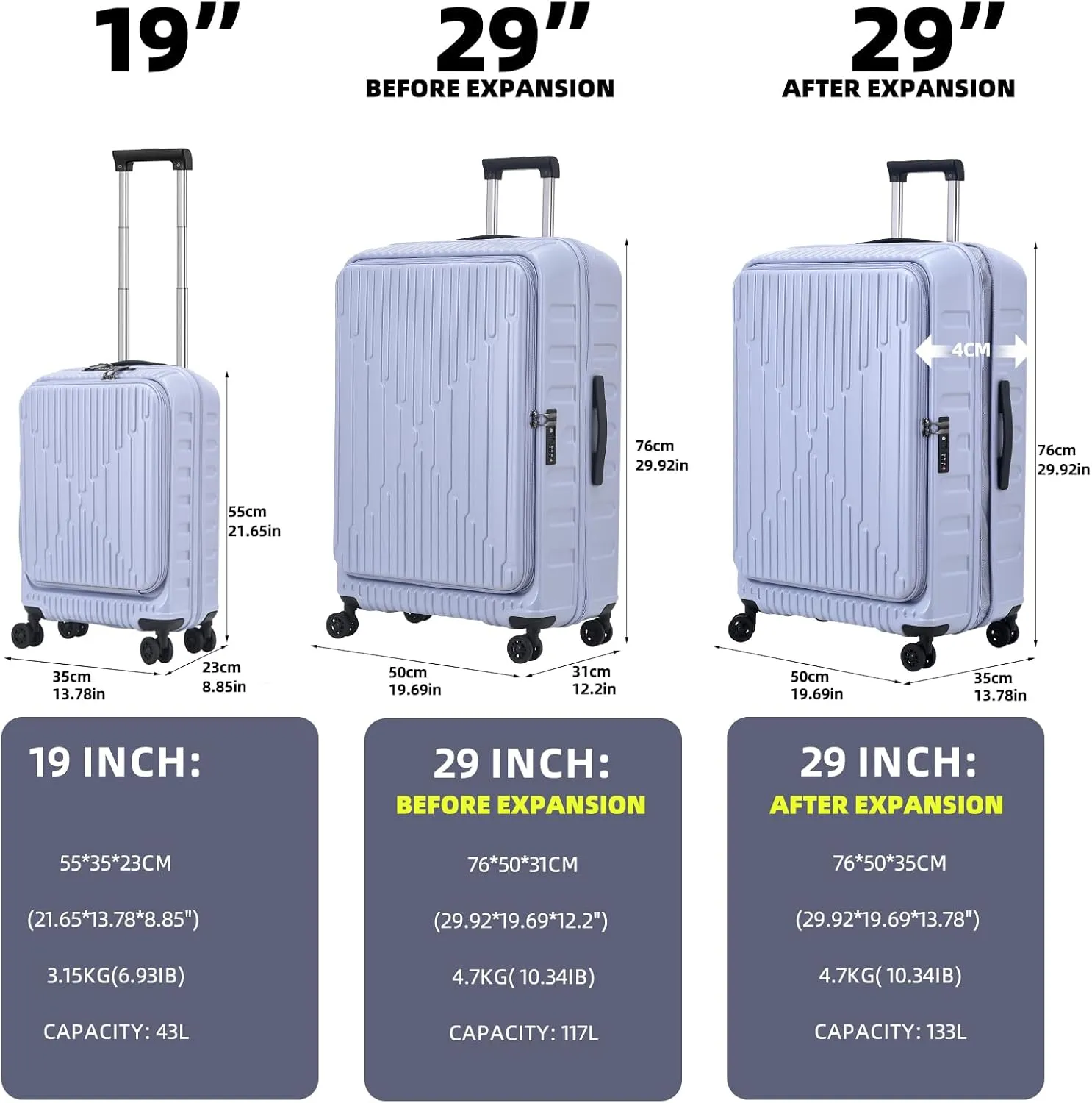 2 Pieces 19/29 Luggage Sets, 19 Inch Carry On Luggage with Front Pocket & 29 Inch Side Opening Suitcase, Ligthweight ABS PC Hardshell, Lilac Purple