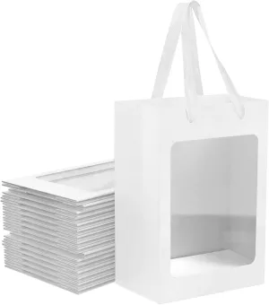 24 Pcs White Kraft Paper Gift Bags with Transparent Window, 9.84"x7.0"x5.12" Kraft Shopping Bags with Handles for Present, Festivals Party