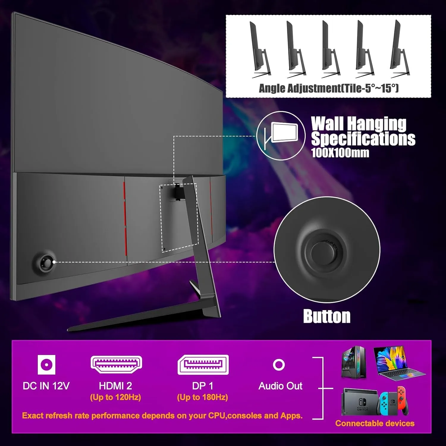 27 inch Curved Gaming Monitor,144Hz/180Hz PC Monitor Full HD 1080P, Frameless 1800R Computer Display with FreeSync & Eye-Care Technology, Wall Mountable, DP, HDMI Port (Black)
