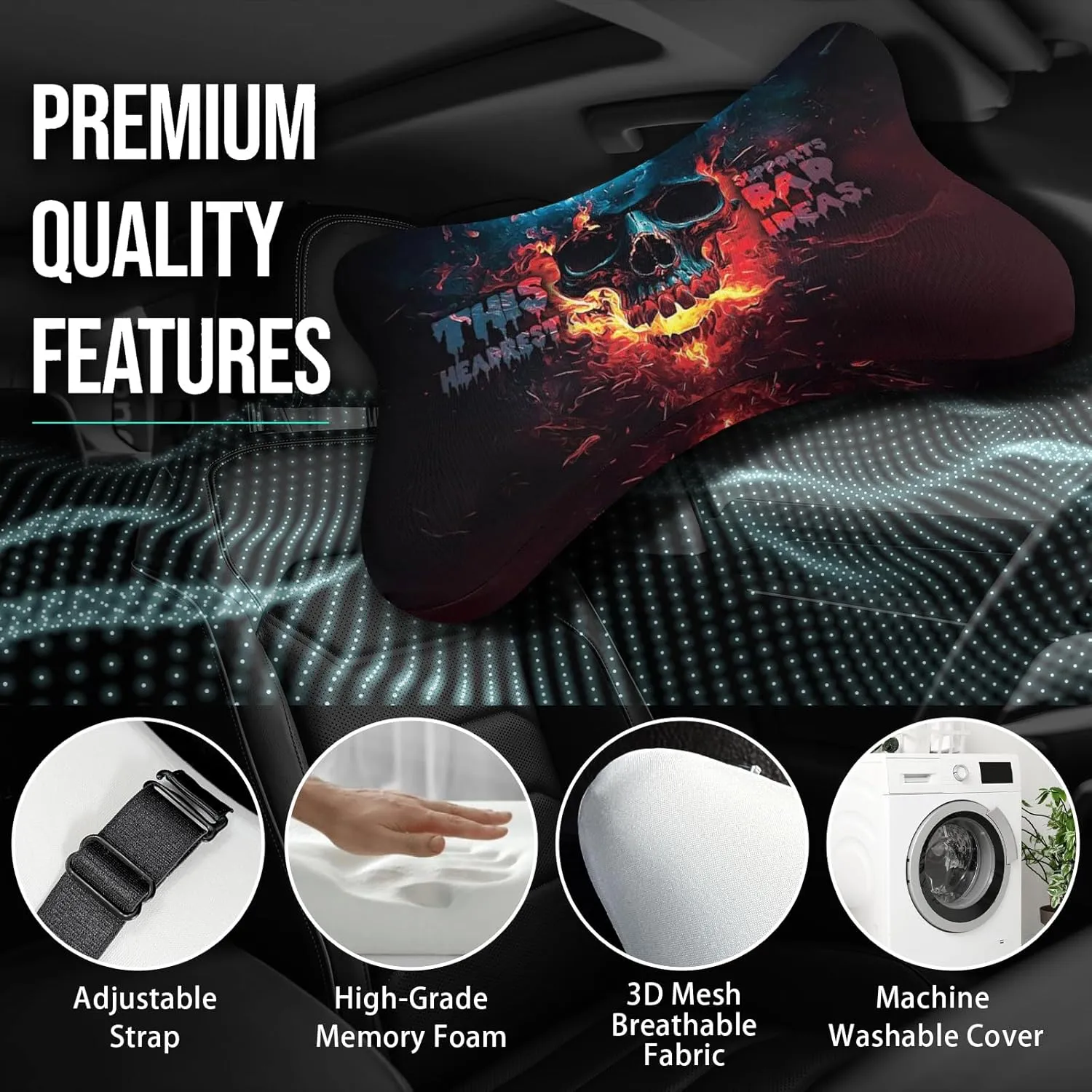 2Pcs Skull Super Comfy Car Headrest Pillow for Neck Support 100% Memory Foam & Breathable Removable Cover Car Neck Pain Relief with Adjustable Strap - Softness Travel Car Neck Pillow