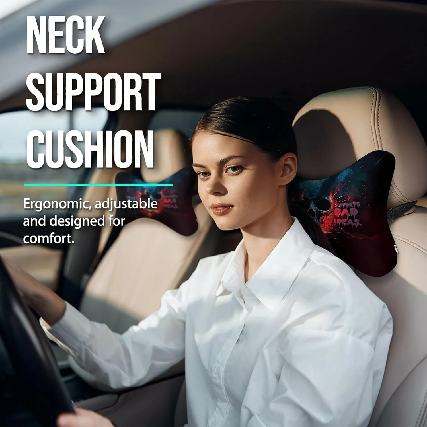 2Pcs Skull Super Comfy Car Headrest Pillow for Neck Support 100% Memory Foam & Breathable Removable Cover Car Neck Pain Relief with Adjustable Strap - Softness Travel Car Neck Pillow