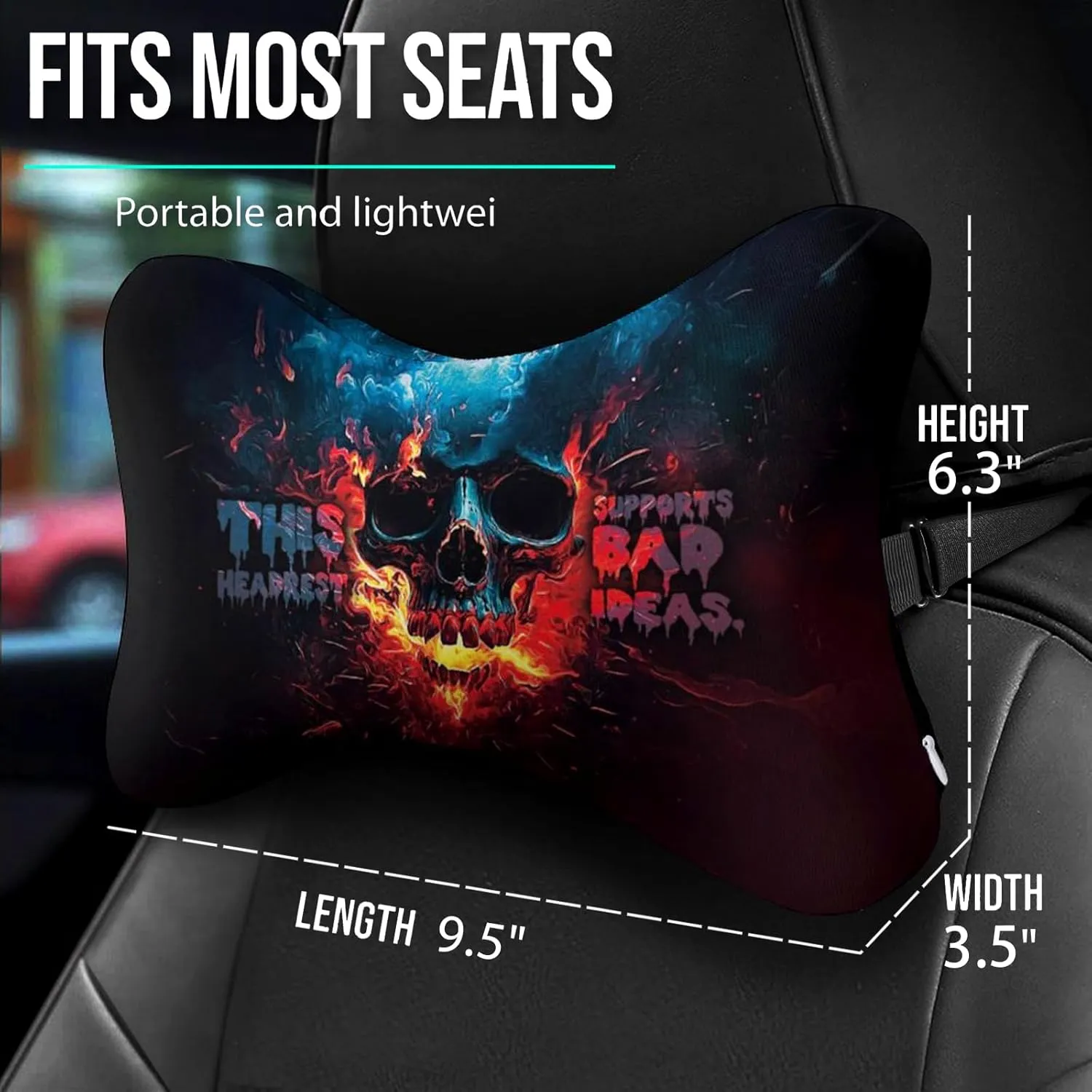 2Pcs Skull Super Comfy Car Headrest Pillow for Neck Support 100% Memory Foam & Breathable Removable Cover Car Neck Pain Relief with Adjustable Strap - Softness Travel Car Neck Pillow