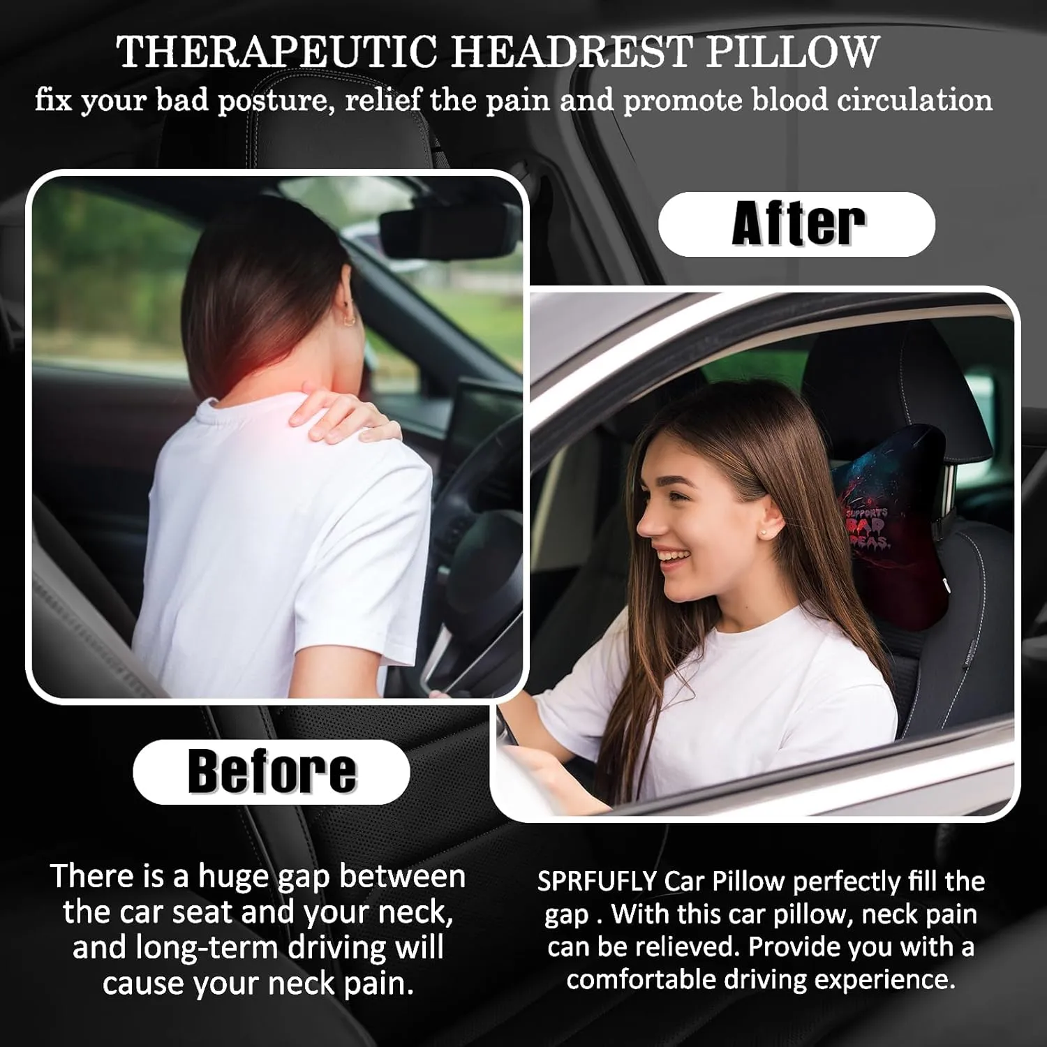 2Pcs Skull Super Comfy Car Headrest Pillow for Neck Support 100% Memory Foam & Breathable Removable Cover Car Neck Pain Relief with Adjustable Strap - Softness Travel Car Neck Pillow