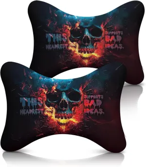 2Pcs Skull Super Comfy Car Headrest Pillow for Neck Support 100% Memory Foam & Breathable Removable Cover Car Neck Pain Relief with Adjustable Strap - Softness Travel Car Neck Pillow