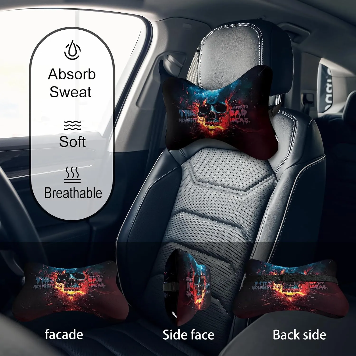 2Pcs Skull Super Comfy Car Headrest Pillow for Neck Support 100% Memory Foam & Breathable Removable Cover Car Neck Pain Relief with Adjustable Strap - Softness Travel Car Neck Pillow