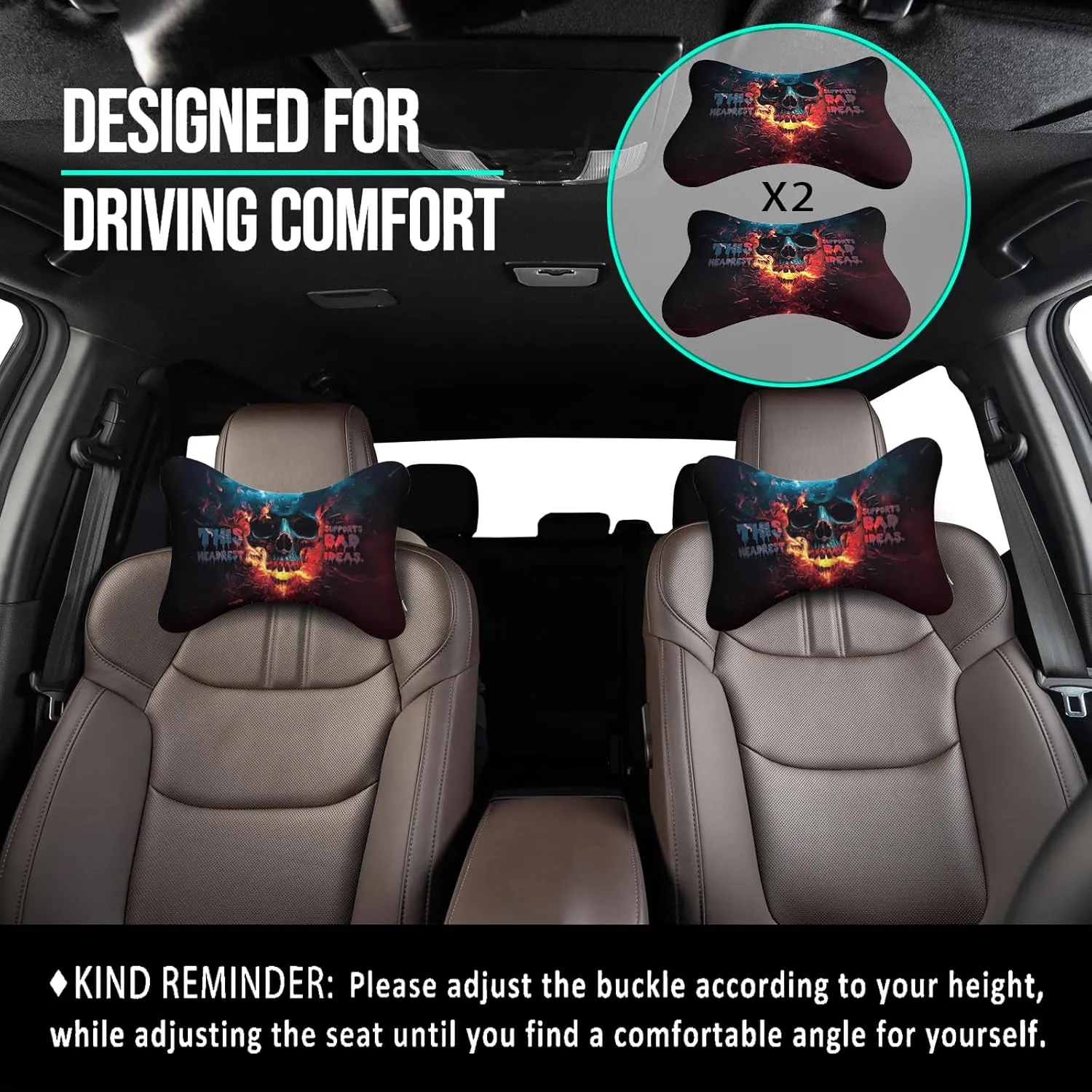 2Pcs Skull Super Comfy Car Headrest Pillow for Neck Support 100% Memory Foam & Breathable Removable Cover Car Neck Pain Relief with Adjustable Strap - Softness Travel Car Neck Pillow