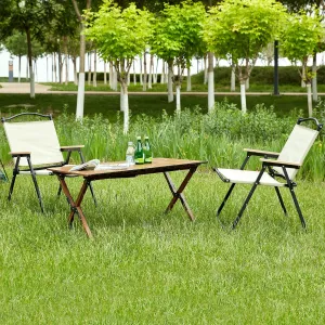 3-Piece Folding Outdoor Table and Two Chairs, Lightweight Aluminum Roll-up Design for Camping, Picnics, Backyard, Brown/Beige