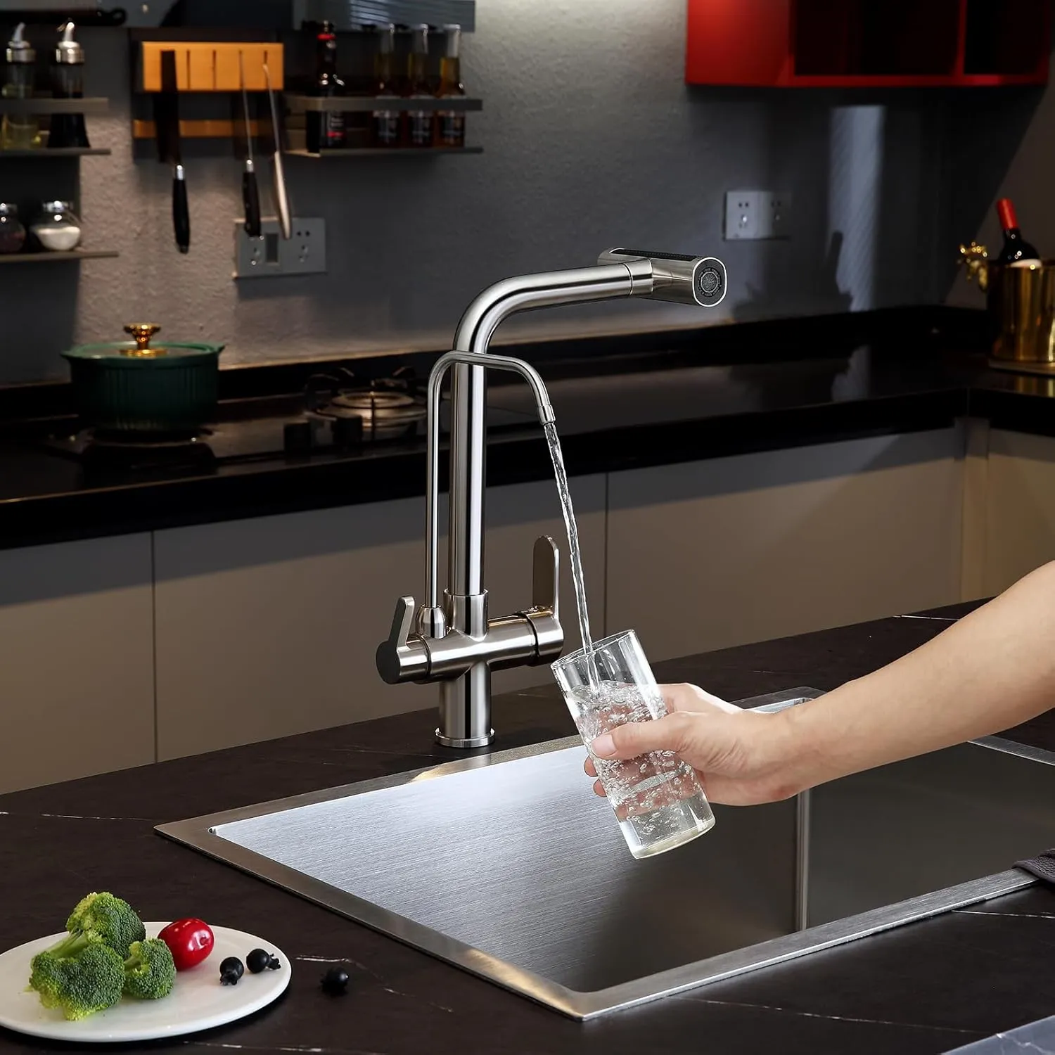 3 Way Kitchen Faucet, Pull Out Kitchen Faucet with 3-Function Sprayer, Dual Handles Kitchen Sink Faucet with Water Filter Purifier Spout, Brushed Nickel