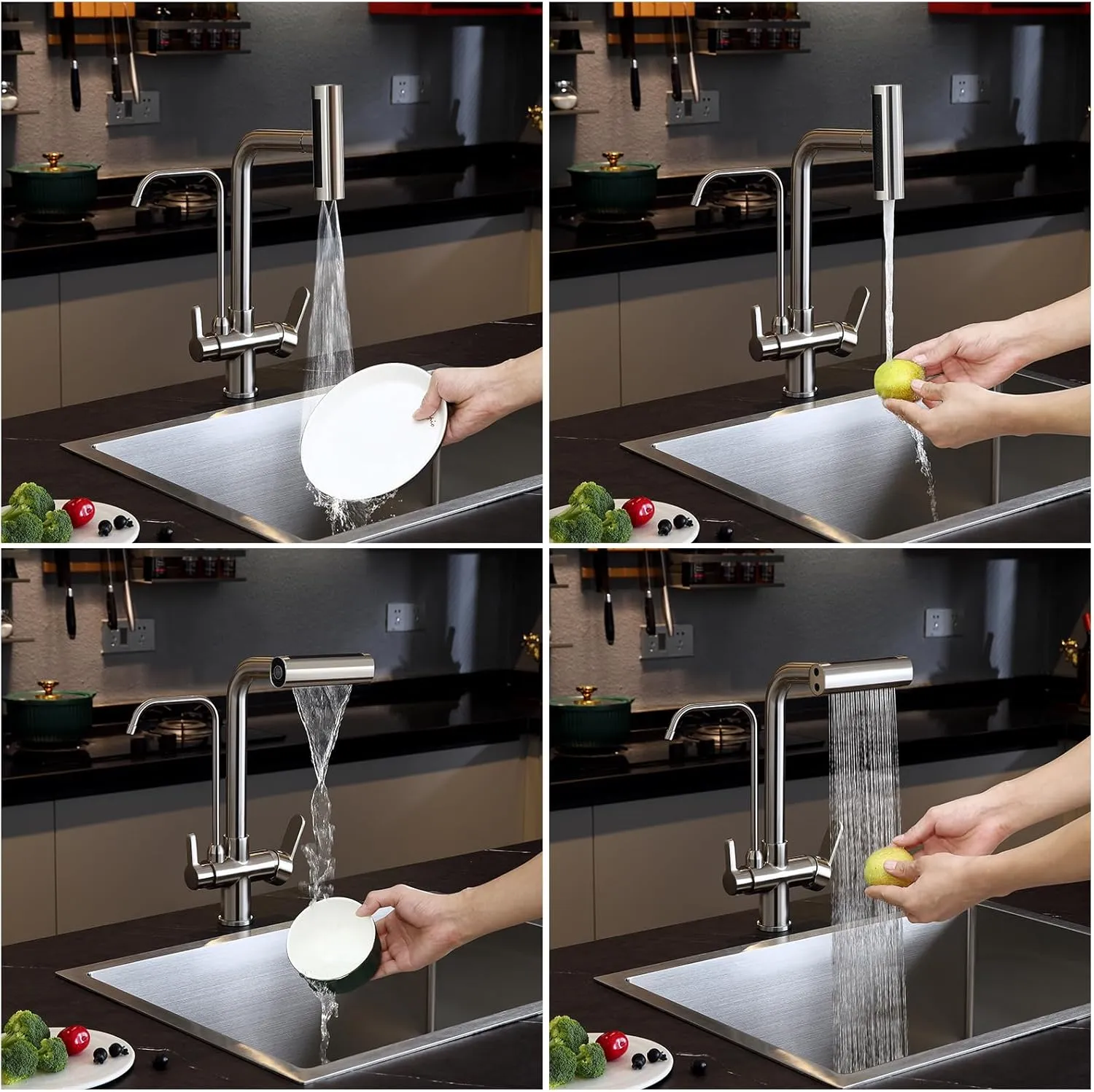 3 Way Kitchen Faucet, Pull Out Kitchen Faucet with 3-Function Sprayer, Dual Handles Kitchen Sink Faucet with Water Filter Purifier Spout, Brushed Nickel