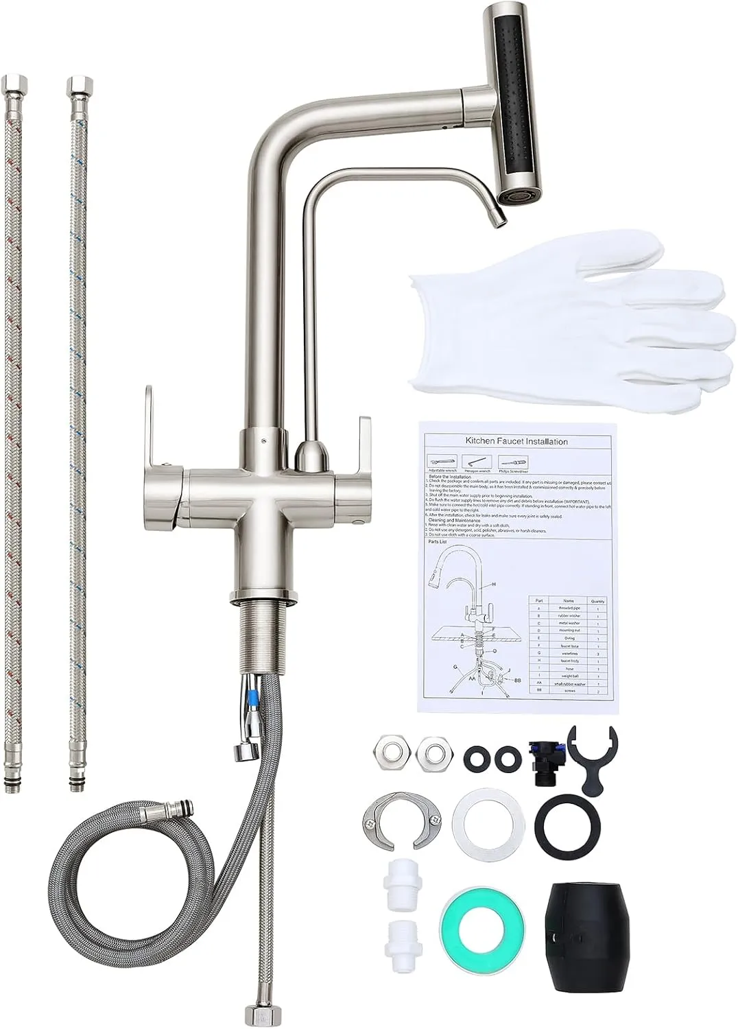 3 Way Kitchen Faucet, Pull Out Kitchen Faucet with 3-Function Sprayer, Dual Handles Kitchen Sink Faucet with Water Filter Purifier Spout, Brushed Nickel