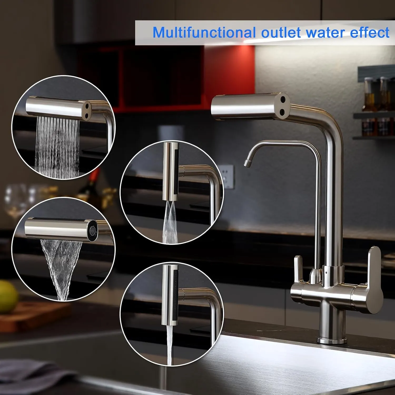 3 Way Kitchen Faucet, Pull Out Kitchen Faucet with 3-Function Sprayer, Dual Handles Kitchen Sink Faucet with Water Filter Purifier Spout, Brushed Nickel