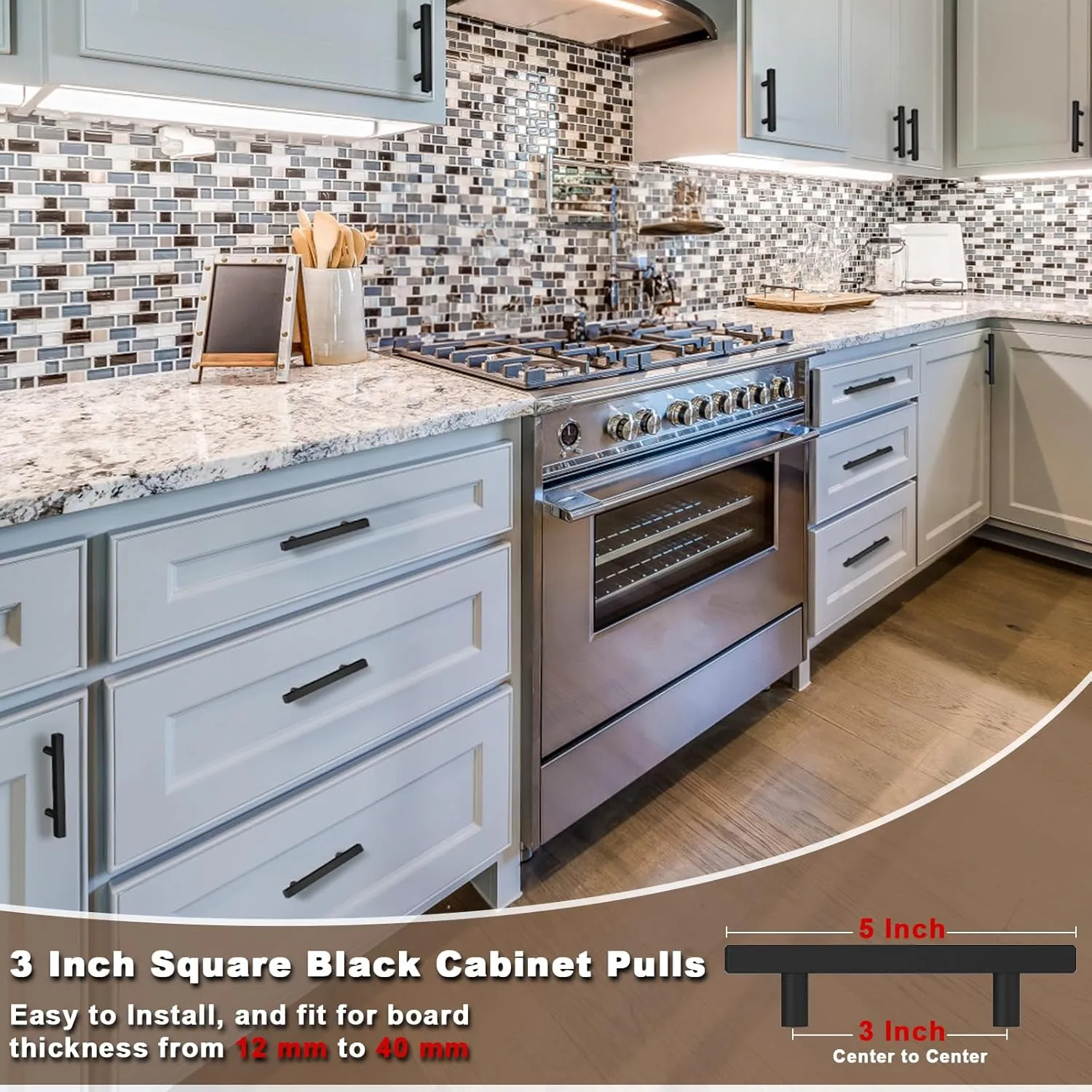 30 Pack 3 Inch Cabinet Handles Matte Black Cabinet Pulls Stainless Steel Drawer Pulls Square Handles for Cabinets Dressers Cupboard 76mm Hole Centers Kitchen Cabinet Hardware, 5'' Total Length