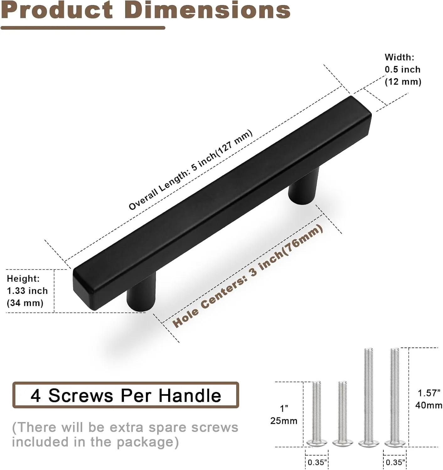 30 Pack 3 Inch Cabinet Handles Matte Black Cabinet Pulls Stainless Steel Drawer Pulls Square Handles for Cabinets Dressers Cupboard 76mm Hole Centers Kitchen Cabinet Hardware, 5'' Total Length