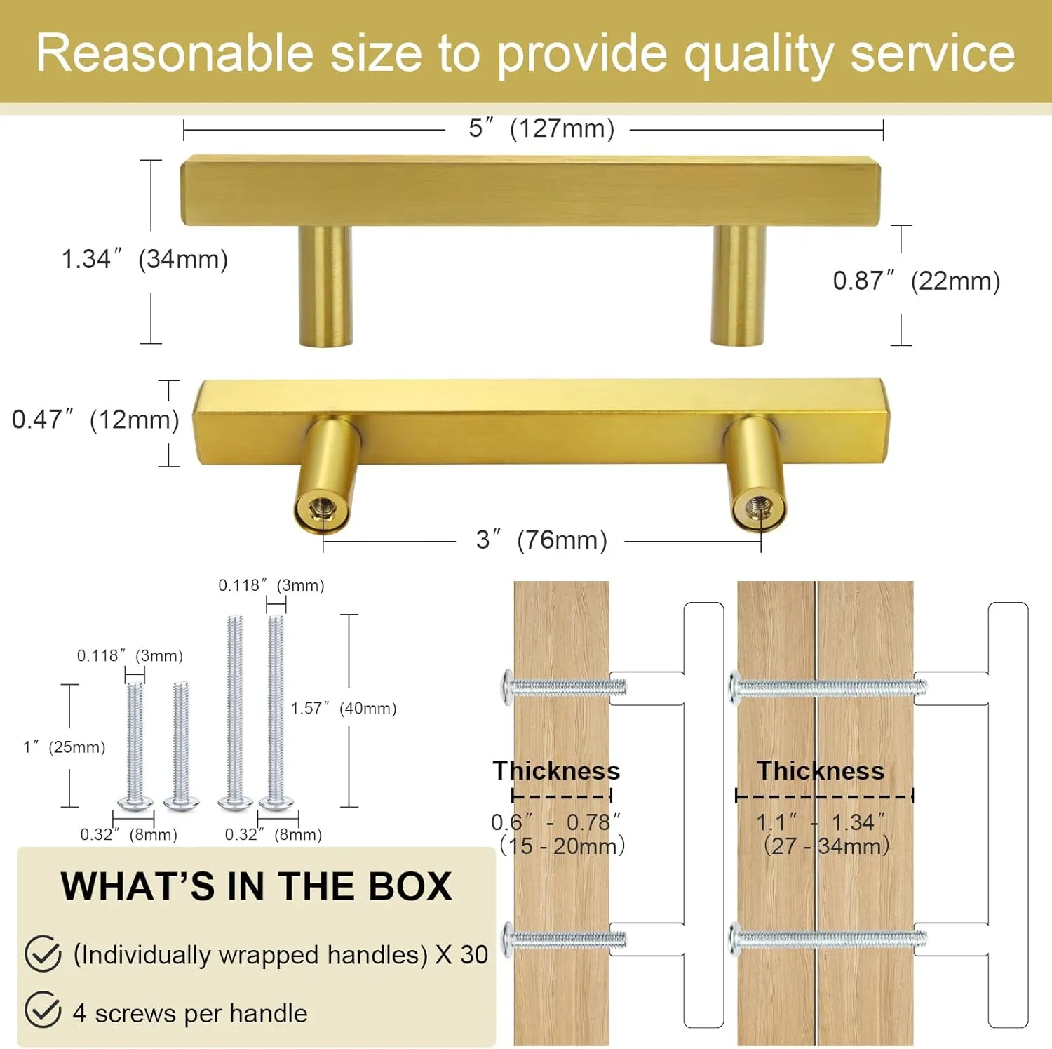 30 Pack Cabinet Pulls 5" Length Brushed Brass Drawer Handles, 3" Hole Center Square Kitchen Cabinet Handles, Stainless Steel Cabinet Hardware for Bedroom Bathroom Office