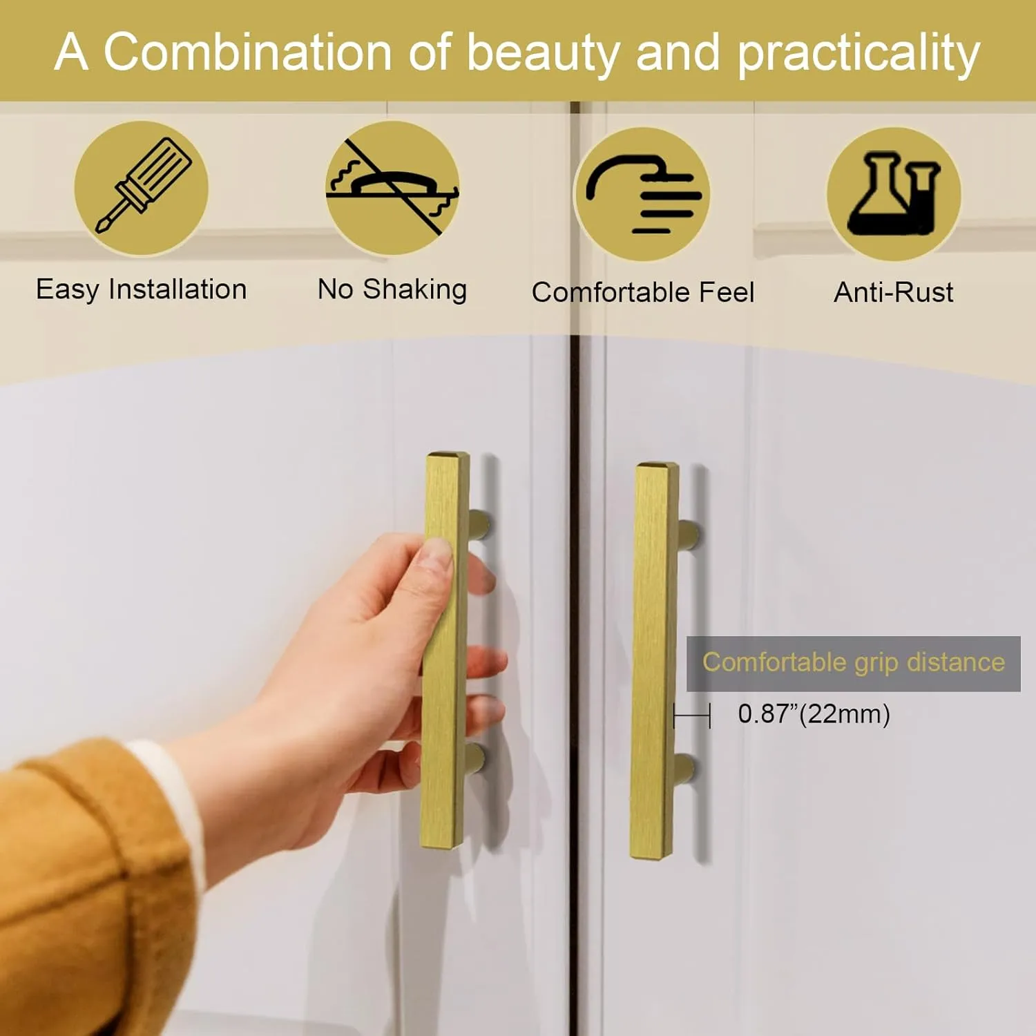 30 Pack Cabinet Pulls 5" Length Brushed Brass Drawer Handles, 3" Hole Center Square Kitchen Cabinet Handles, Stainless Steel Cabinet Hardware for Bedroom Bathroom Office