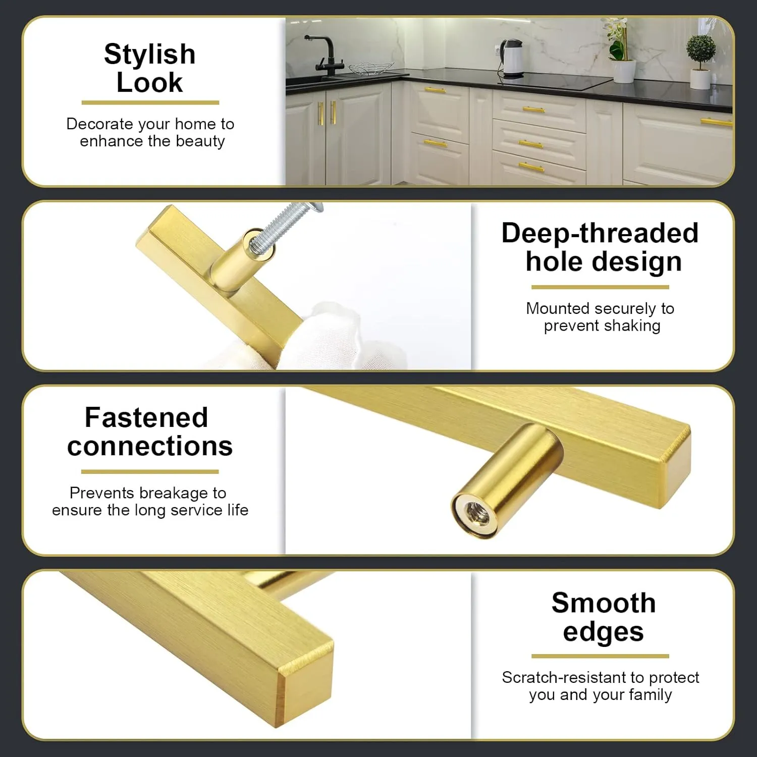 30 Pack Cabinet Pulls 5" Length Brushed Brass Drawer Handles, 3" Hole Center Square Kitchen Cabinet Handles, Stainless Steel Cabinet Hardware for Bedroom Bathroom Office